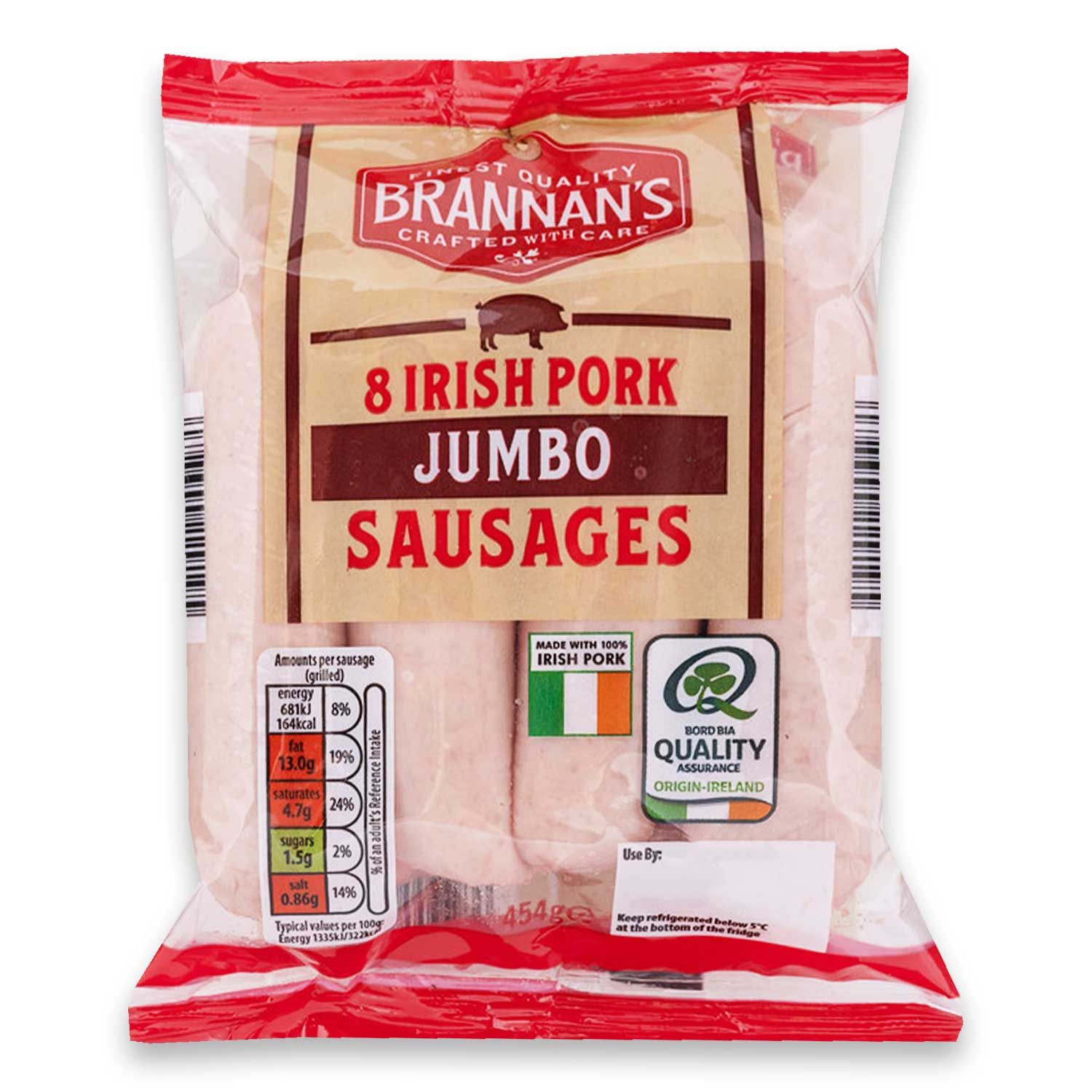 Irish Pork Jumbo Sausages 454g 8 Pack Brannan's